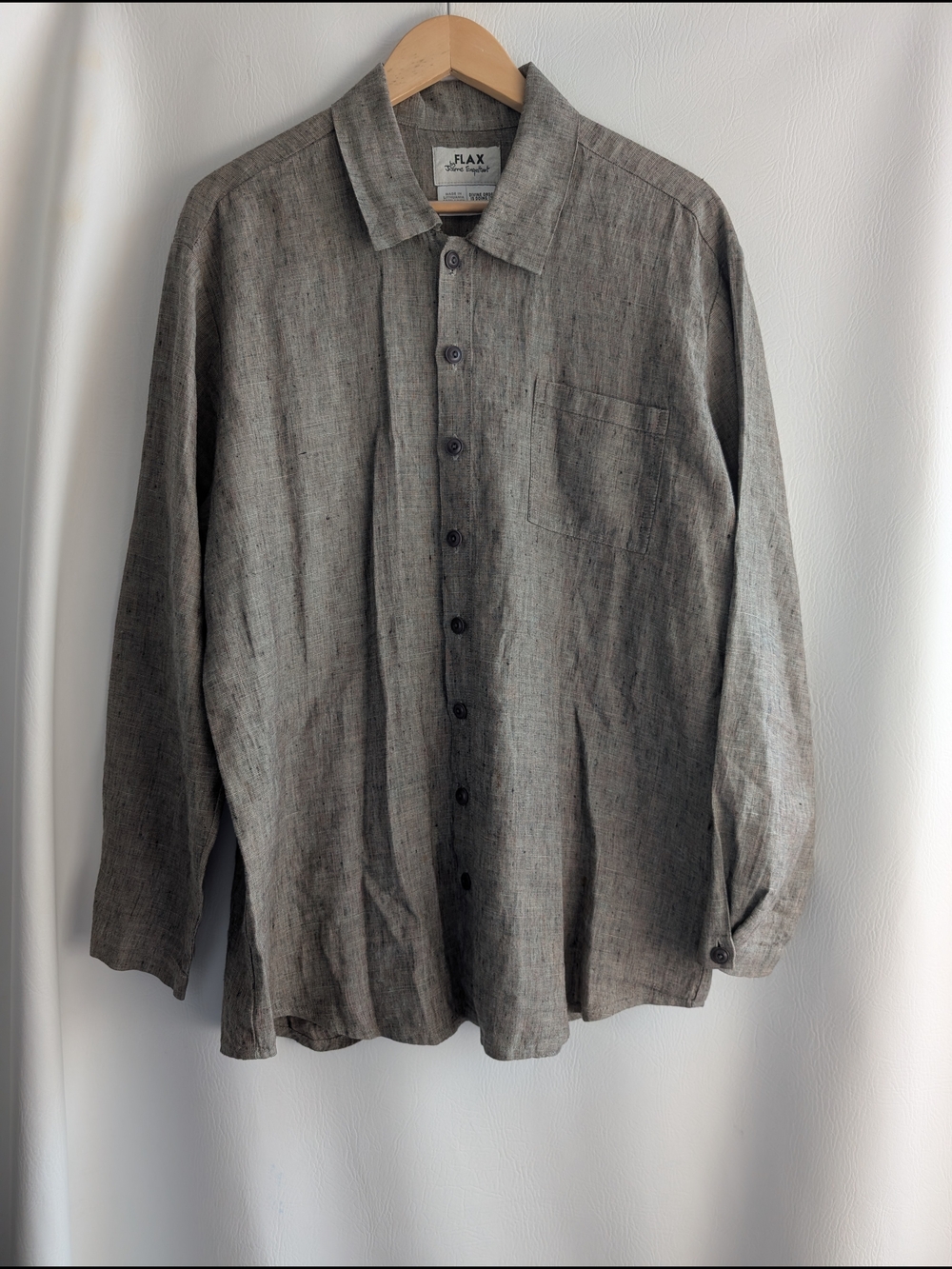 Flax Linen Black Tan Casual Button-Down Shirt - Small